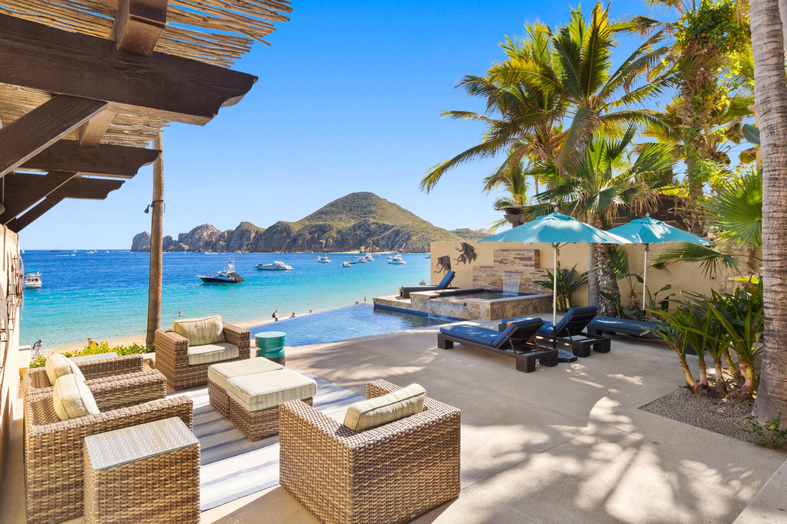 Cabo Luxury Pedregal Csl Casa LA PIÑATA A luxury villa located in the exclusive Pedregal Cabo San Lucas. Perfect as a private residence or a high-end vacation rental, this villa offers an exceptional combination of comfort, style, privacy, and location.The villa features 8 bedrooms including a service room (as an independent apartment suite), 8.5 bathrooms, and 13 beds.Fully furnished and equipped with top-quality finishes, providing a turnkey experience.Every detail has been thoughtfully crafted to create an exceptional space for family gatherings and entertaining. The expansive terrace includes a great swimming pool, 2 jacuzzi, bar, 2 BBQ station, 2 fire pits, and multiple lounge areas, to enjoy the very best of Cabo living The interiors feature cozy and elegant living spaces, including a inside bar, games room, media room and impeccable design in every corner Fully furnished and equipped, representing an outstanding opportunity. With its exceptional design, amenities, and location, this villa embodies the best of the Baja lifestyle for sale