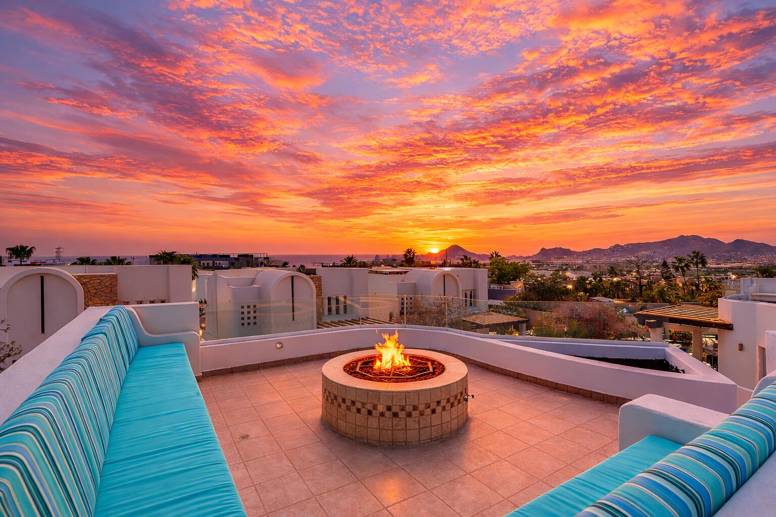 Cabo Luxury Toscana Residences Turnkey three-bedroom home in the well-kept, gated community of Toscana in El Tezal, minutes from downtown Cabo San Lucas and Medano Beach. Inspired by Mediterranean architecture and the Italian coast, Toscana features beautifully maintained desert landscaping with vibrant bougainvillea and colorful common areas. This fully furnished residence offers a main-floor primary suite, spacious guest bedrooms, and an open-concept kitchen with granite countertops and stainless appliances that flows to a private terrace. The rooftop showcases ocean and Arch for sale