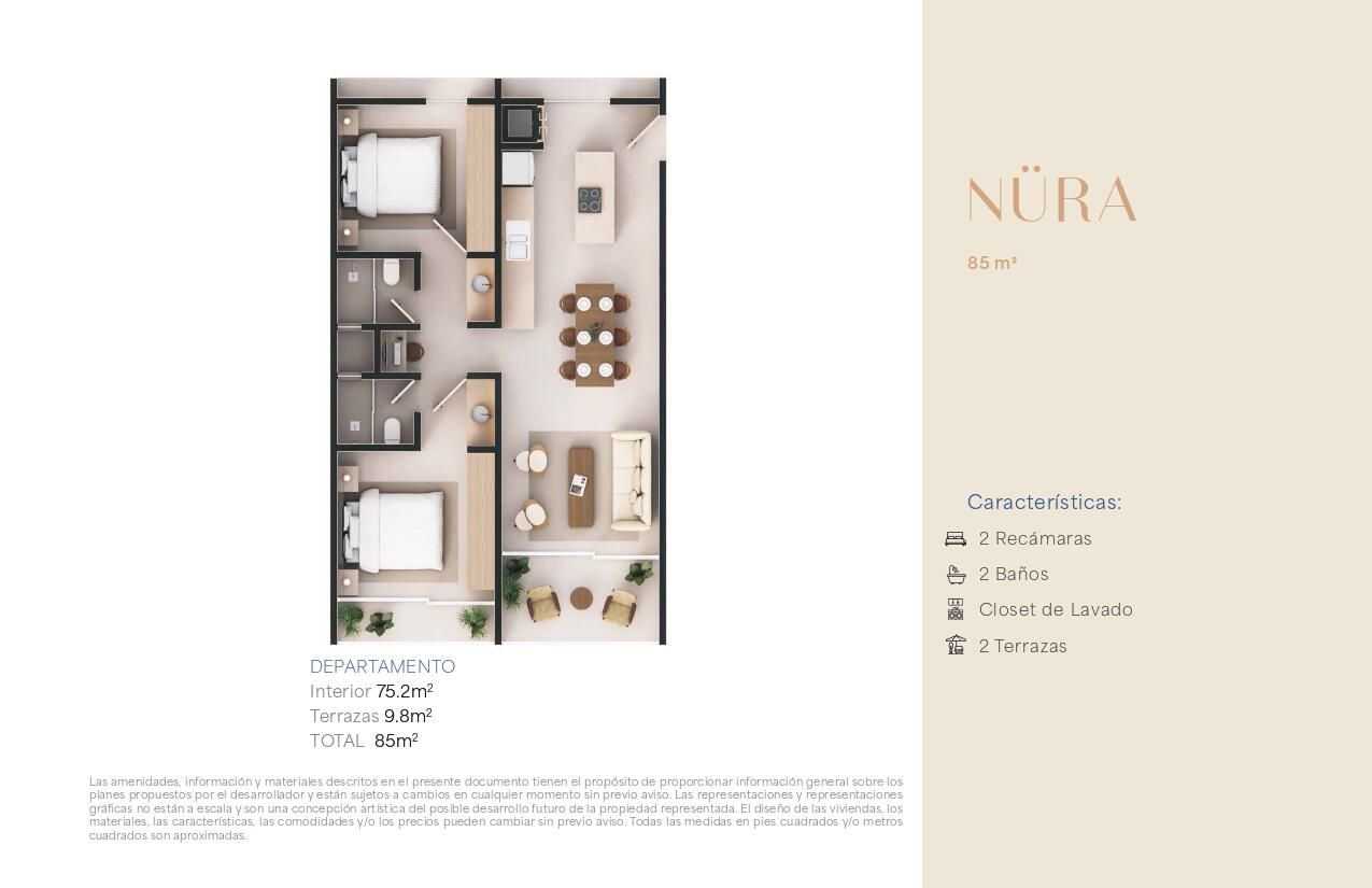 Cabo Luxury Nahara Cabo Living Discover this exclusive 2-bedroom residence at Nahara Cabo Living. Offering 85 m² total, including 75.2 m² of interior living space and 9.8 m² of terraces, this thoughtfully designed unit features a functional layout, abundant natural light, two private terraces, a laundry closet, elevator access, and high-end finishes throughout.Residents enjoy resort-style amenities including a clubhouse with gym, hotel-style guest suites, swimming pools, paddle and pickleball courts, fire pit areas, panoramic – NURA NAHARA CABO LIVING, Cabo Corridor, Cabo Corridor, BS